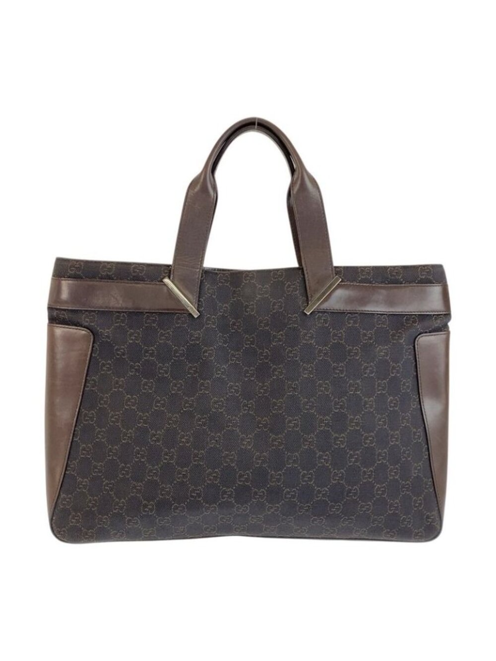 Gucci Brown Silver Hardware GG Canvas Leather 73982 Tote Bag Handbag